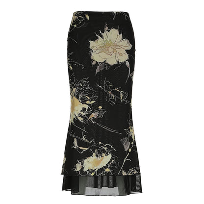 fashion Retro Floral Print Long Skirts Aesthetic 90s Fairycore Grunge Bottoms for Women Chic Y2K Fashion Two-layers Skirts