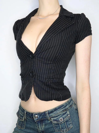 fashionStripe Button Crop Basic Tops 90s Casual Slim Sexy Fashion Y2k Streetwear Clothings Hottie Classic V-neck Outfits