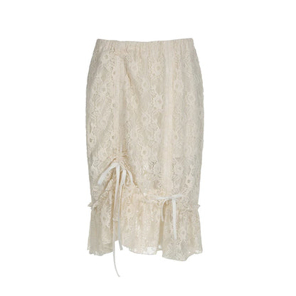 fashion Vintage Shirring Long Skirts Y2K Aesthetic Chic Knee-Length Outfits Streetwear Casual Solid Lace Fashion Bottoms