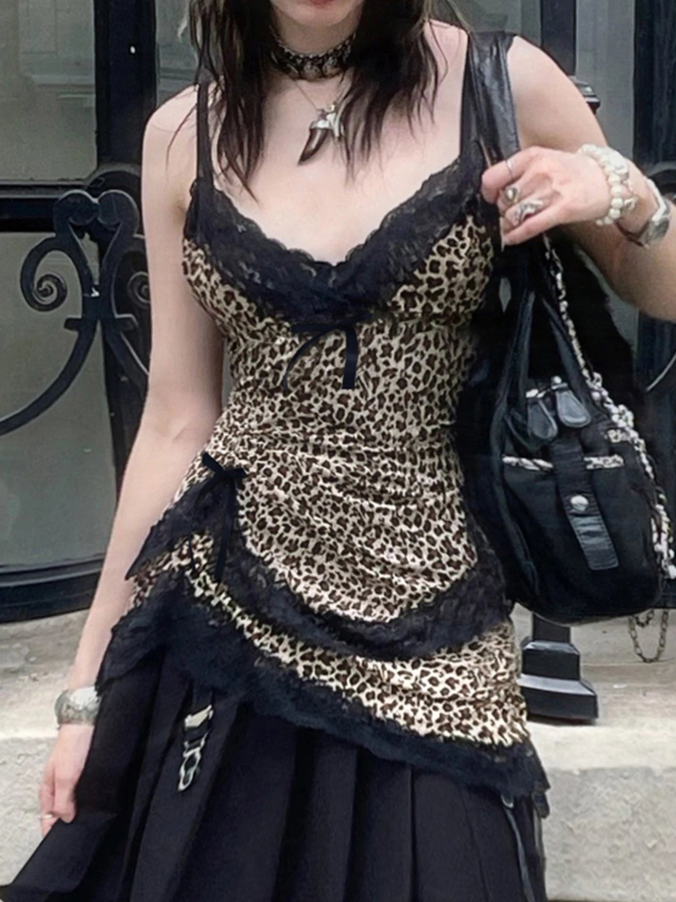 fashionLace Patchwork Y2K Camisole Leopard Print Y2K Backless Sexy Cute Tops V-neck Sleeveless Fairycore 2000s Clothes