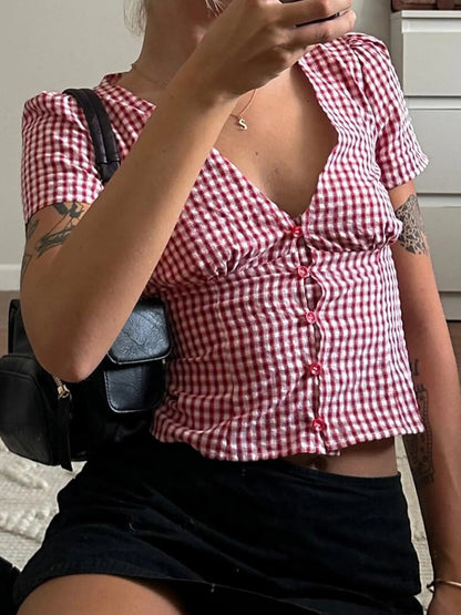 fashionVintage Plaid Print Slim Sexy Blouses Button Deep V-neck Harajuku Chic 90s Retro Shirt Hottie Y2k Classic Tops