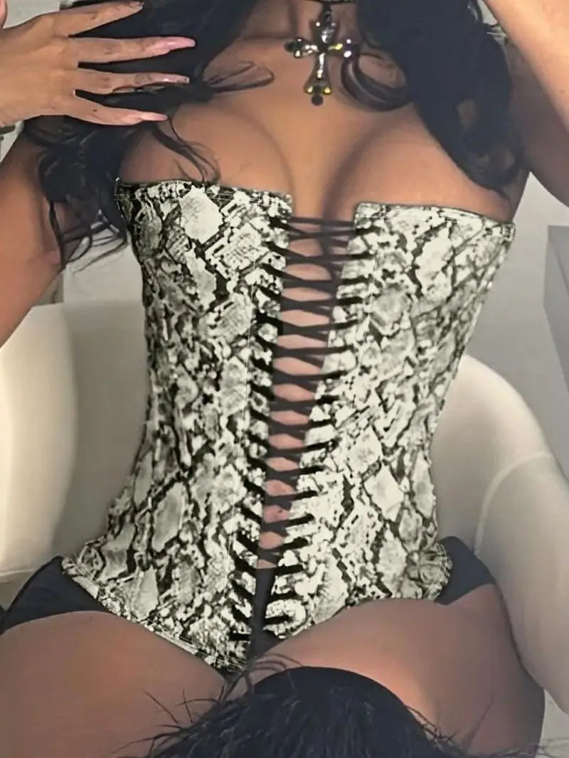 fashion Off Shoulder Sexy Snake Print Tube Tops Lace-up Y2K Vintage 90s  Bustiers Clubwear Basic Backless Women's Outfits