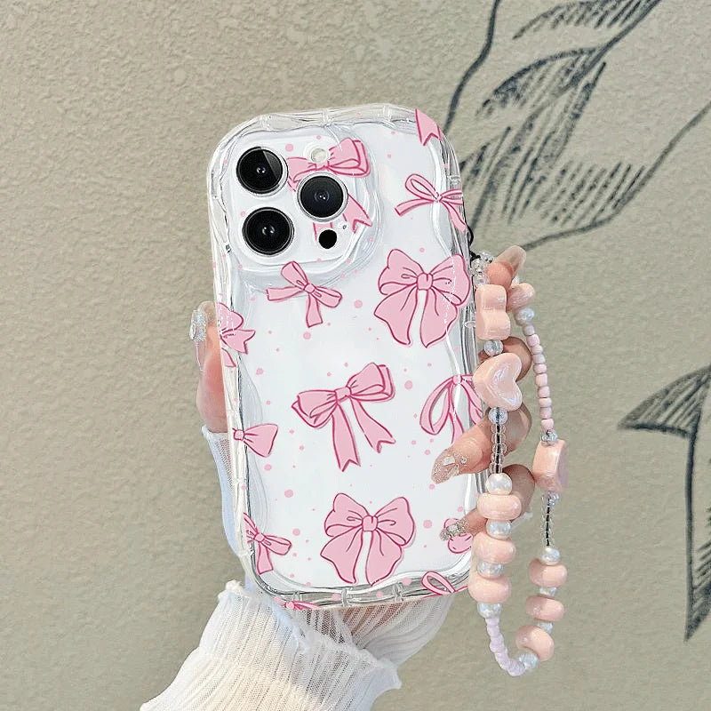 Cute Bow Chain Hanging Rope Case For Xiaomi Redmi Note 14 12 13 Pro Plus 12S 11 10S 11S 10 Redmi A5 13C 14C 12C A3 Wavy Fundas