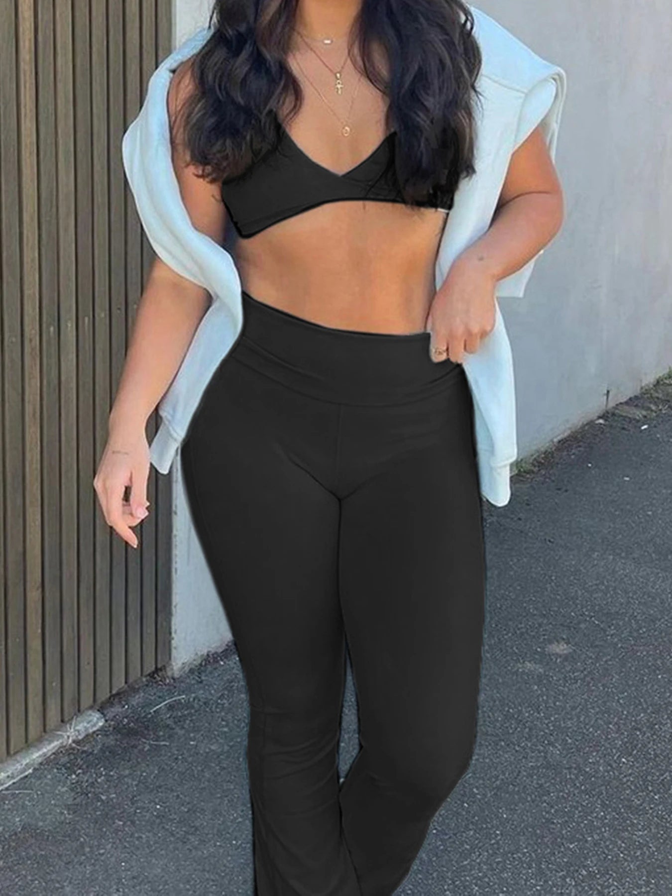 fashionCasual Yoga Solid Flare Pants Suit Streetwear Slim Sexy Sport Fashion Basic Set Vintage Bodycon Elastic Twinset