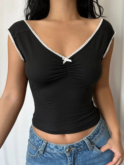 fashionLace Patchwork Fold Bow Vest Basic V-neck 90s Streetwear Casual All-match Crop Tops Slim Vintage 90s Chic Outfits
