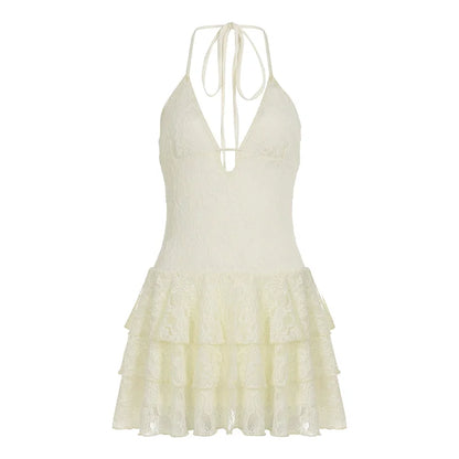 fashionLace Halter Layered Sexy Dress Hollow Out Backless Solid Streetwear Elegant Elastic Evening Dress Slim Outfits