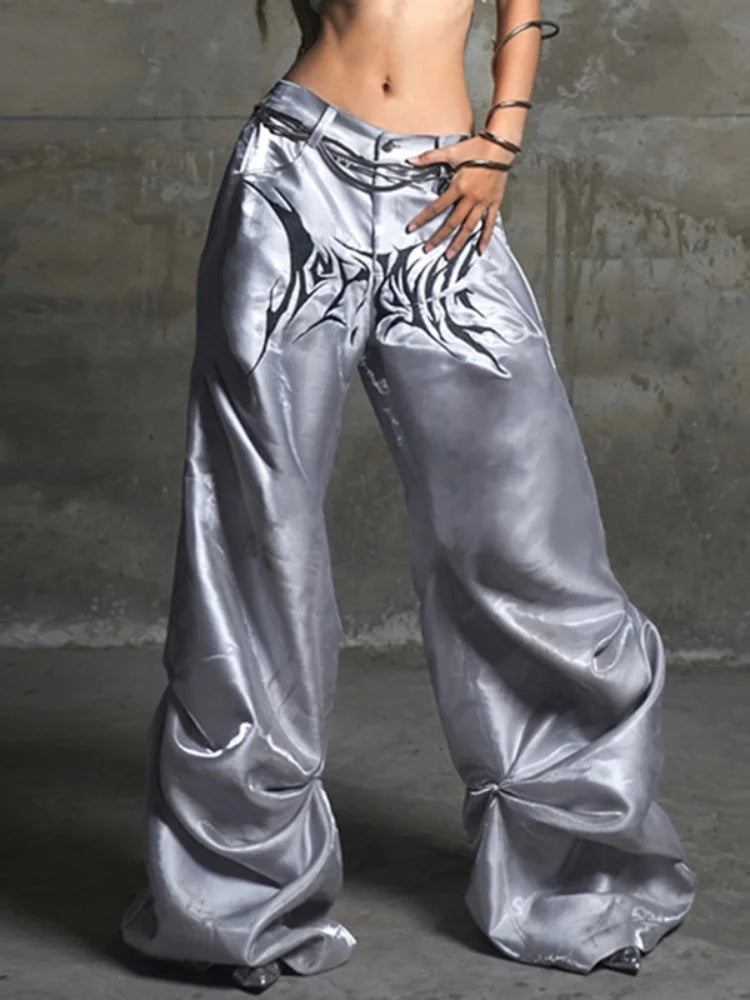 fashion Chic Casual Satin Button Loose Pants Fashion Korean Harajuku Women's Trousers Vintage Print Y2K Grunge Streetwear