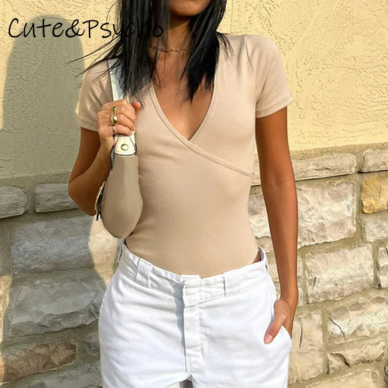 fashion V-neck Short Sleeves Bodysuits for Women Solid Aesthetic Slim Basic Outfits Fashion   90s Chic Retro Pullovers