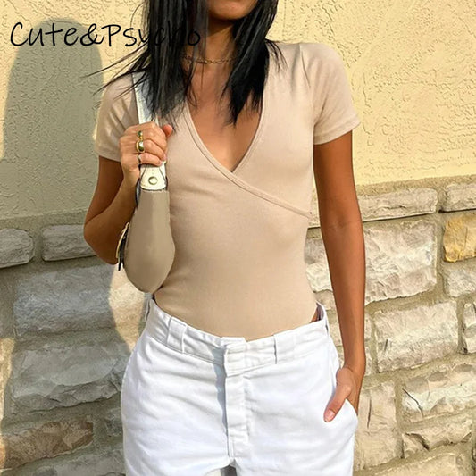 fashion V-neck Short Sleeves Bodysuits for Women Solid Aesthetic Slim Basic Outfits Fashion   90s Chic Retro Pullovers