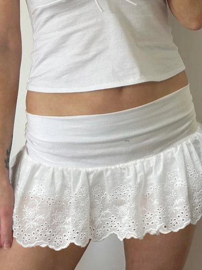 fashionSolid Hollow Out Embroidery Short Skirt Slim All-match Casual Streetwear Sweet Outfits Patchwork Vintage Bottoms