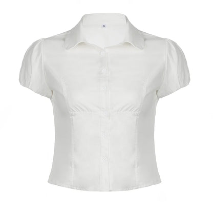 fashion Casual Solid Tee Shirts for Women Turn-down Collar Button Up Corset Blouses Korean Short Sleeves Fashion Cute Tops