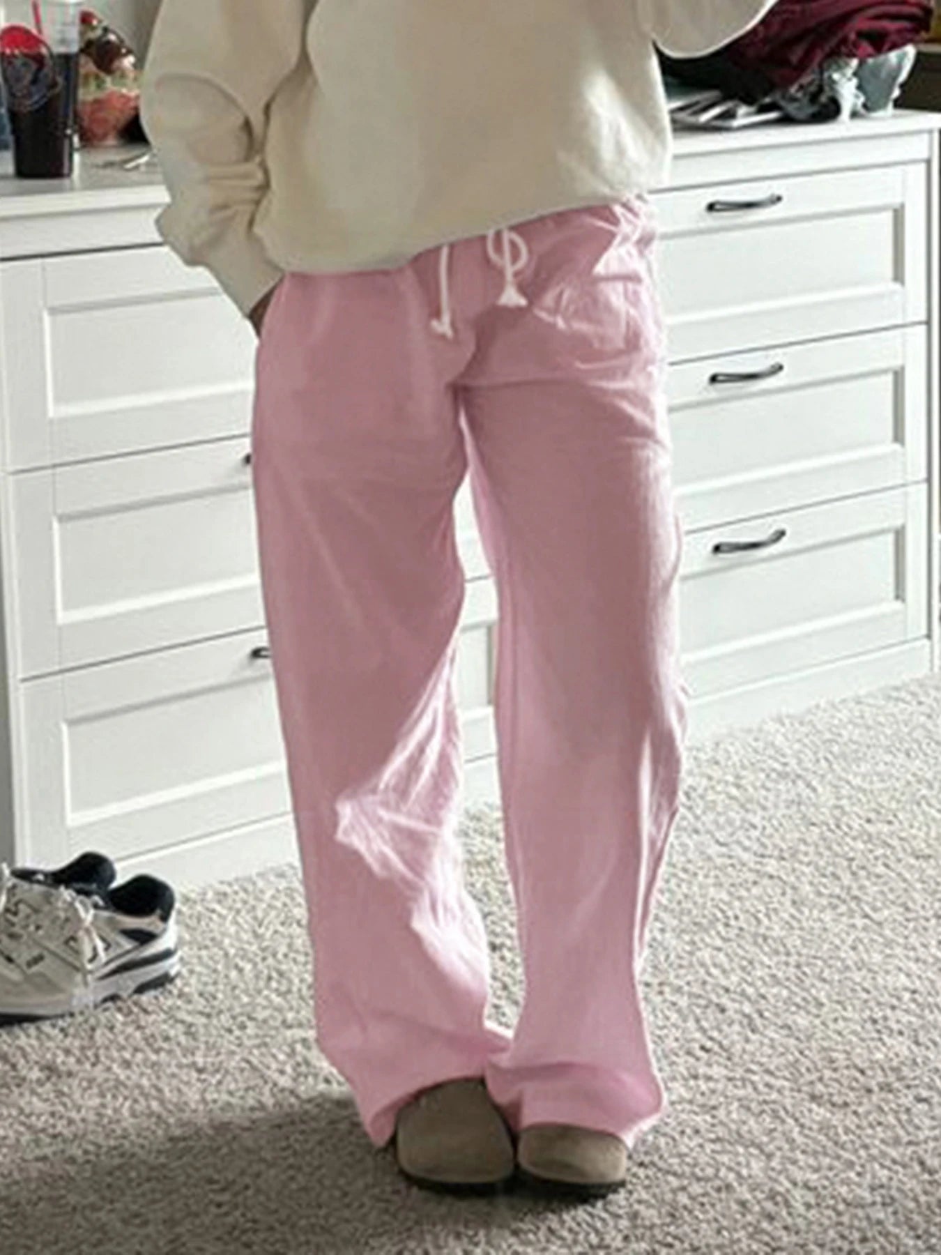 fashionCasual Solid All-match Drawstring Pants Chic Streetwear Korea Slim Straight Sweet Trousers Pink Basic Y2k Bottoms