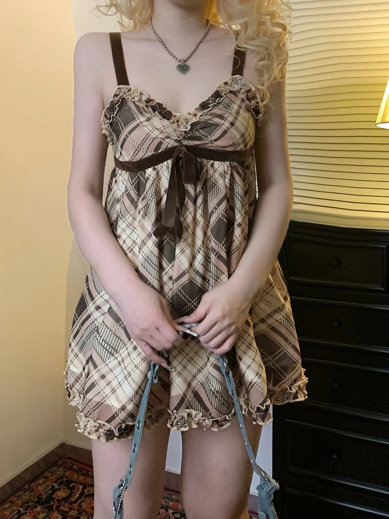 fashion Vintage Y2K Plaid Print Camisole Ruched Harajuku Aesthetic A-line Tops Sleeveless Retro Cute Korean Outfits