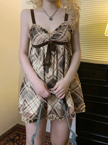 fashion Vintage Y2K Plaid Print Camisole Ruched Harajuku Aesthetic A-line Tops Sleeveless Retro Cute Korean Outfits