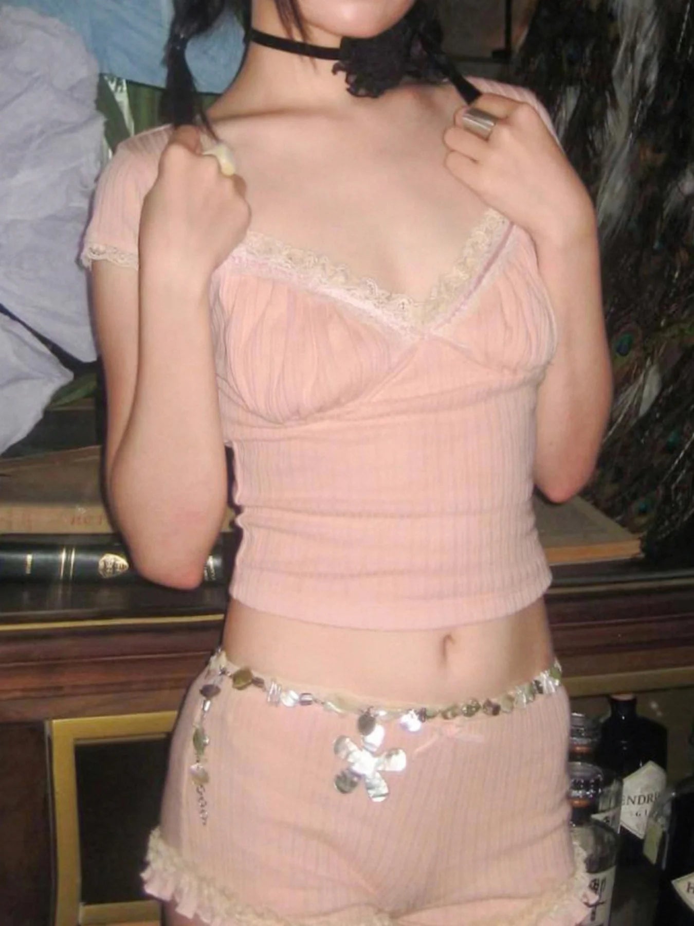 fashion Vintage Lace Patchwork Slim Sexy T-shirt Bow Square Collar Sweet Chic Streetwear Clothes Hottie Y2k Crop Tops