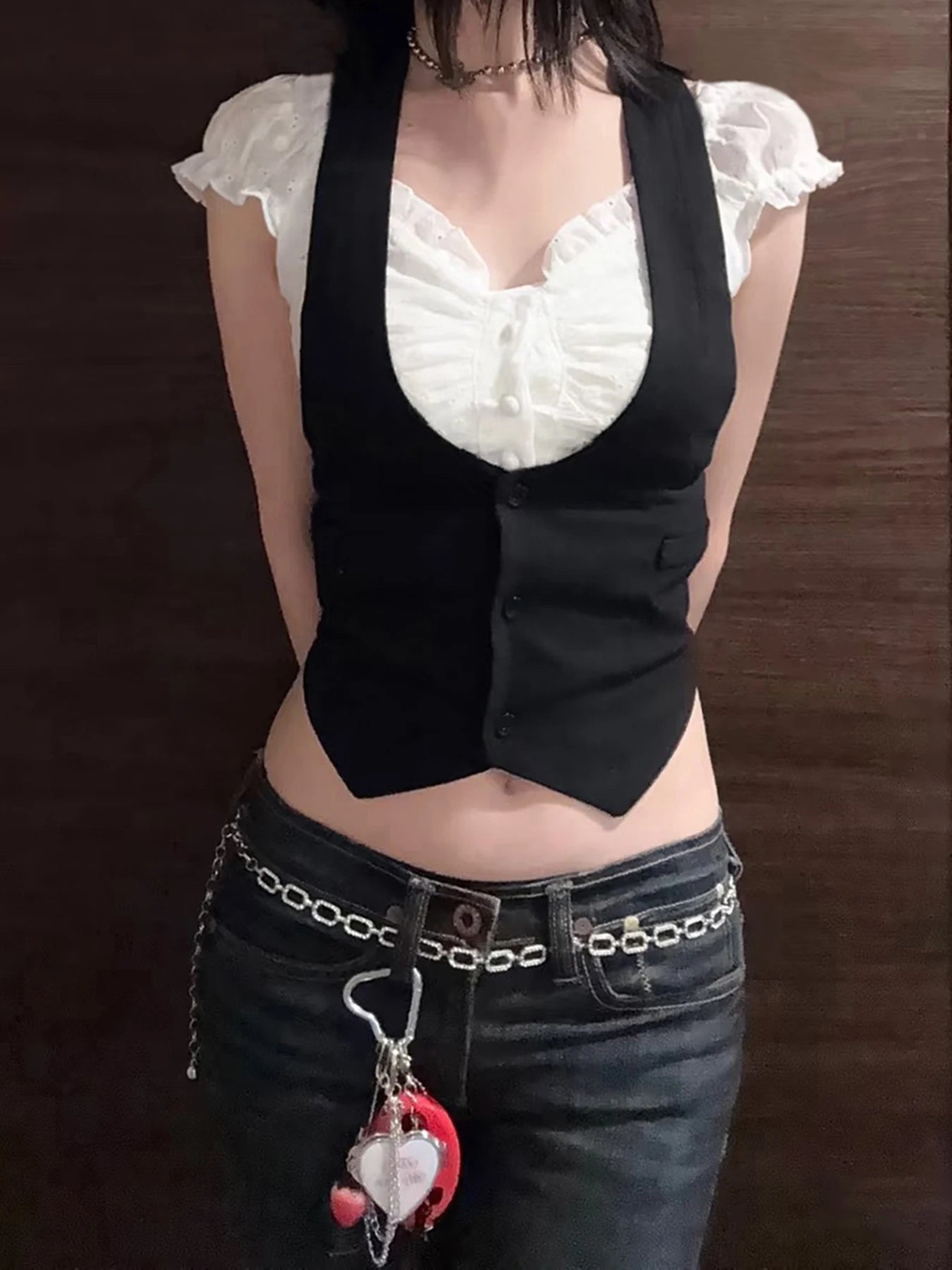 fashionFake Two Pieces Color Contrast T-shirt Button Slim Sexy Casual Crop Top Streetwear Basic Sweet Bodycon Clothings