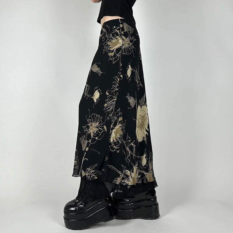 fashion Retro Floral Print Long Skirts Aesthetic 90s Fairycore Grunge Bottoms for Women Chic Y2K Fashion Two-layers Skirts
