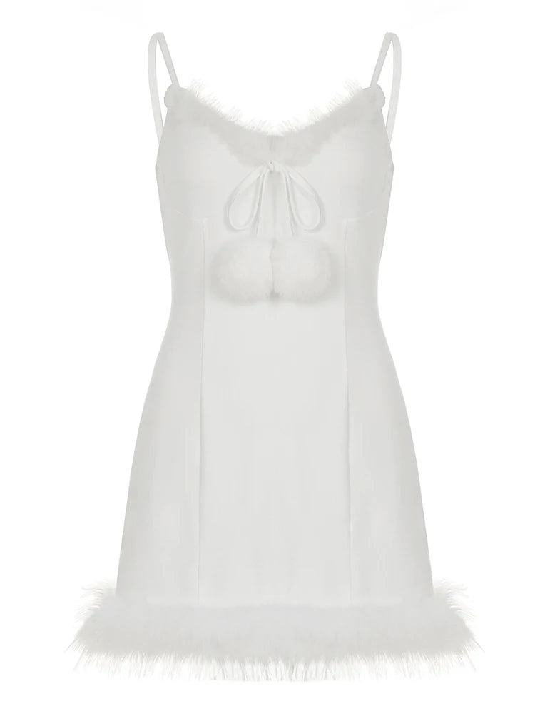 fashion Solid Strap Sleeveless Dress A-Line Hotsweet Sexy White Clubwear Mini Outfits V-Neck Lace-up Hairball Basic Dress