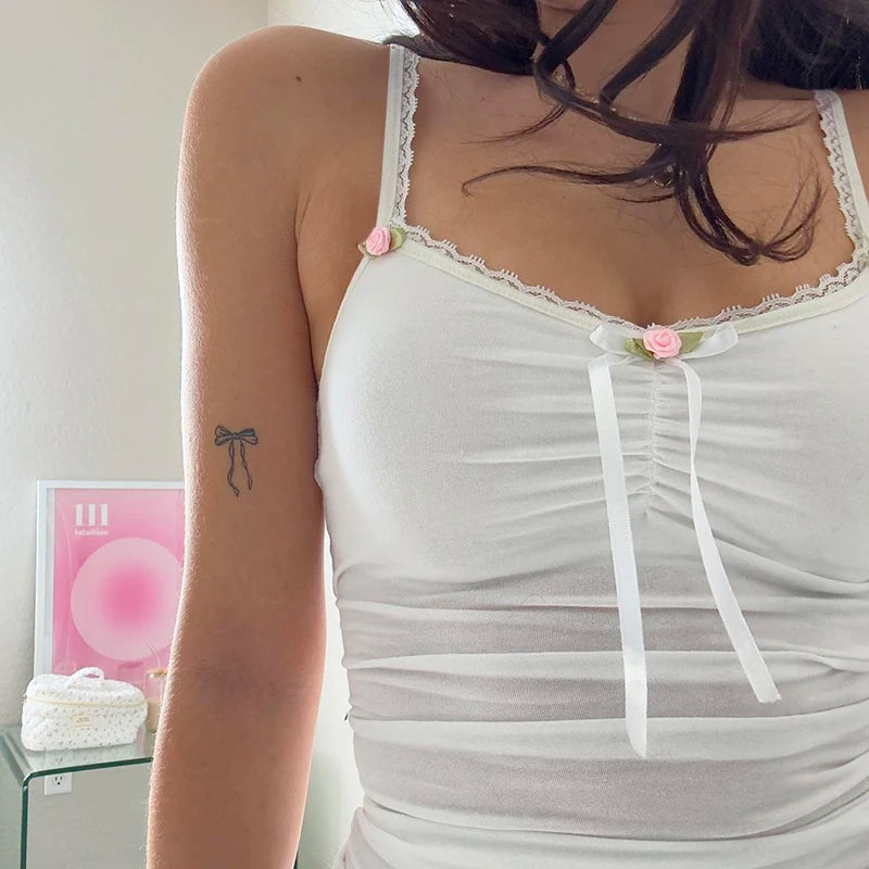 fashionLace Patchwork Solid Camis Sleeveless Bow Spagetti Strap Y2K Top Aesthetic 90s Harajuku Cute Women's White Outfits
