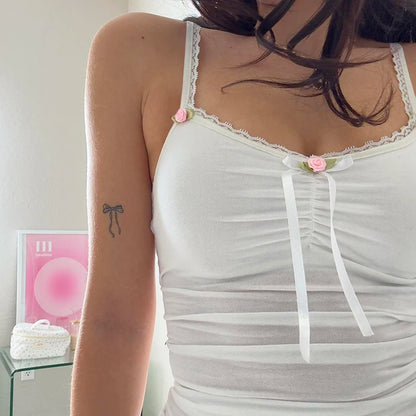 fashionLace Patchwork Solid Camis Sleeveless Bow Spagetti Strap Y2K Top Aesthetic 90s Harajuku Cute Women's White Outfits