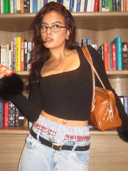 fashion Square Collar Y2K Tee Shirts Chic Casual Crop Tops Vintage Streetwear Long Sleeves Fur Cuff Slim Kintted Clothes