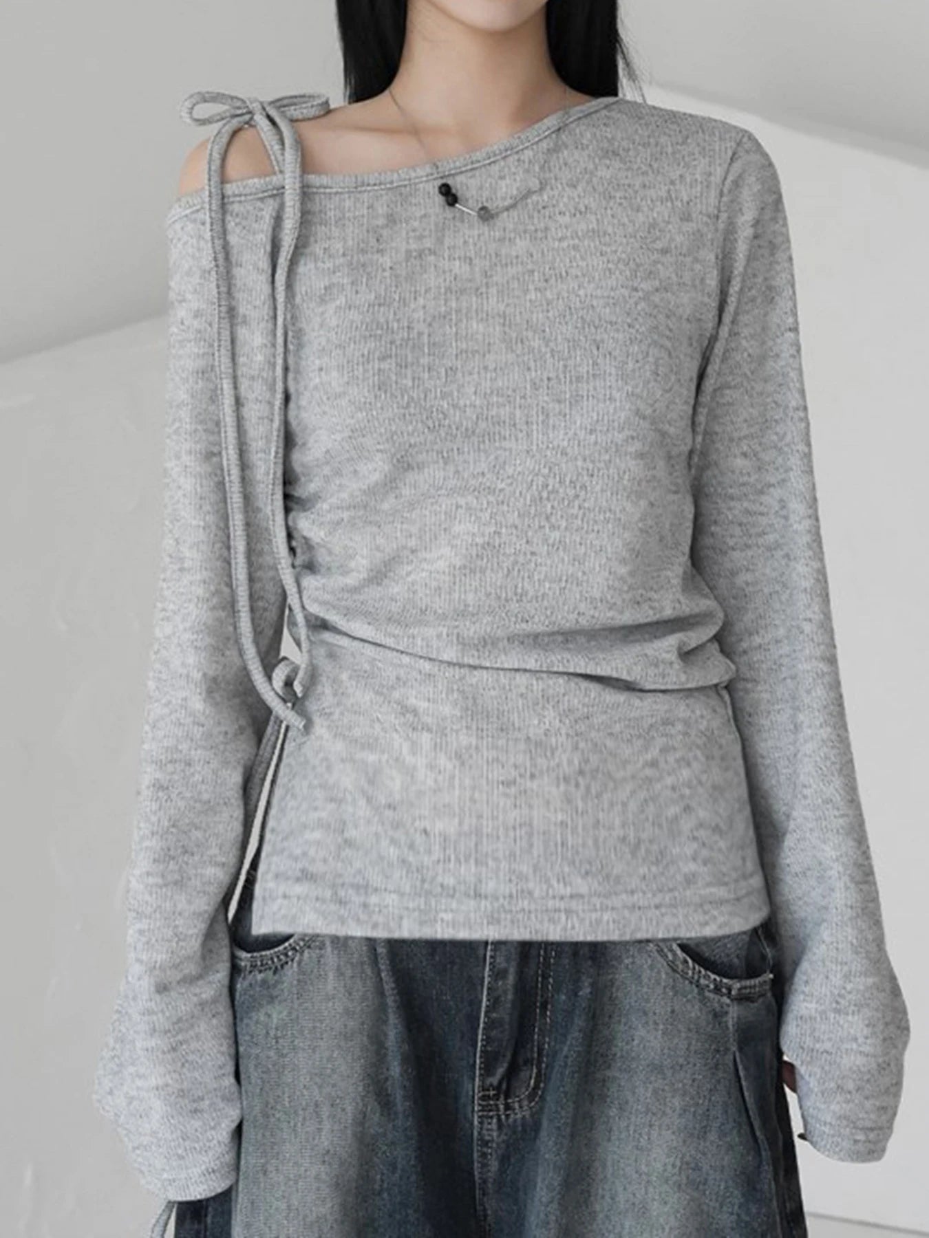 fashionSkew Collar Solid Loose T-shirt Basic Vintage Streetwear Korea Casual Fashion Clothings Elastic 90s Elegant Tops