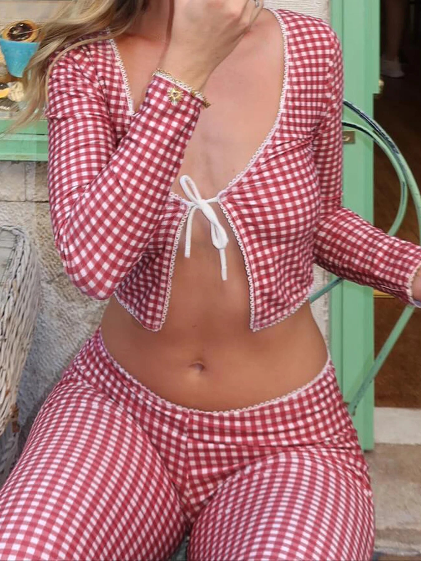 fashion Sexy Lace Patchwork Suit Long Sleeve Casual Korean Pink Slim Clothings Street Style Fashion Bow Two-piece Suit