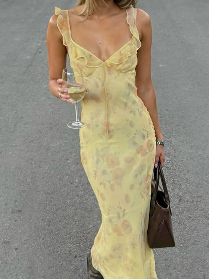 fashion Floral Print Ruffles Dresses Sexy Printed Fish Tail Party Dress Summer Chic Harajuku Vacation Long Outfits