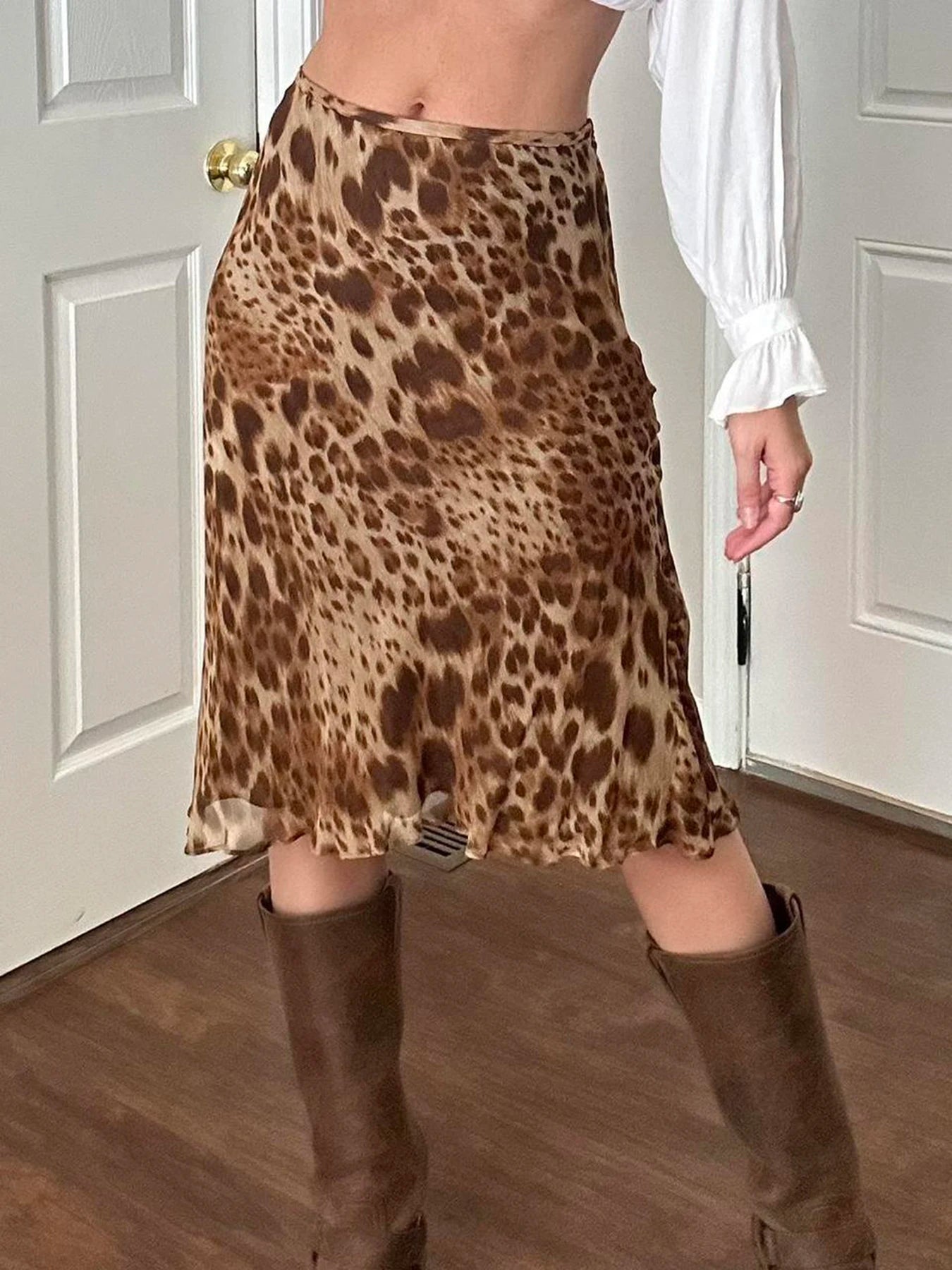 fashion Vintage Leopard Print Y2K Skirts Two-layers Aesthetic 90s Straight Bottoms Fashion Cute Elastic Waist Chic Skirts