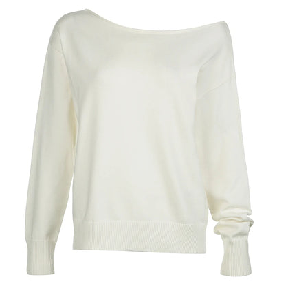 fashion Skew Collar Solid Knit Pullovers Autumn Fashion Casual Loose Sweaters All-match Korean Chic Women's Outfits 90s
