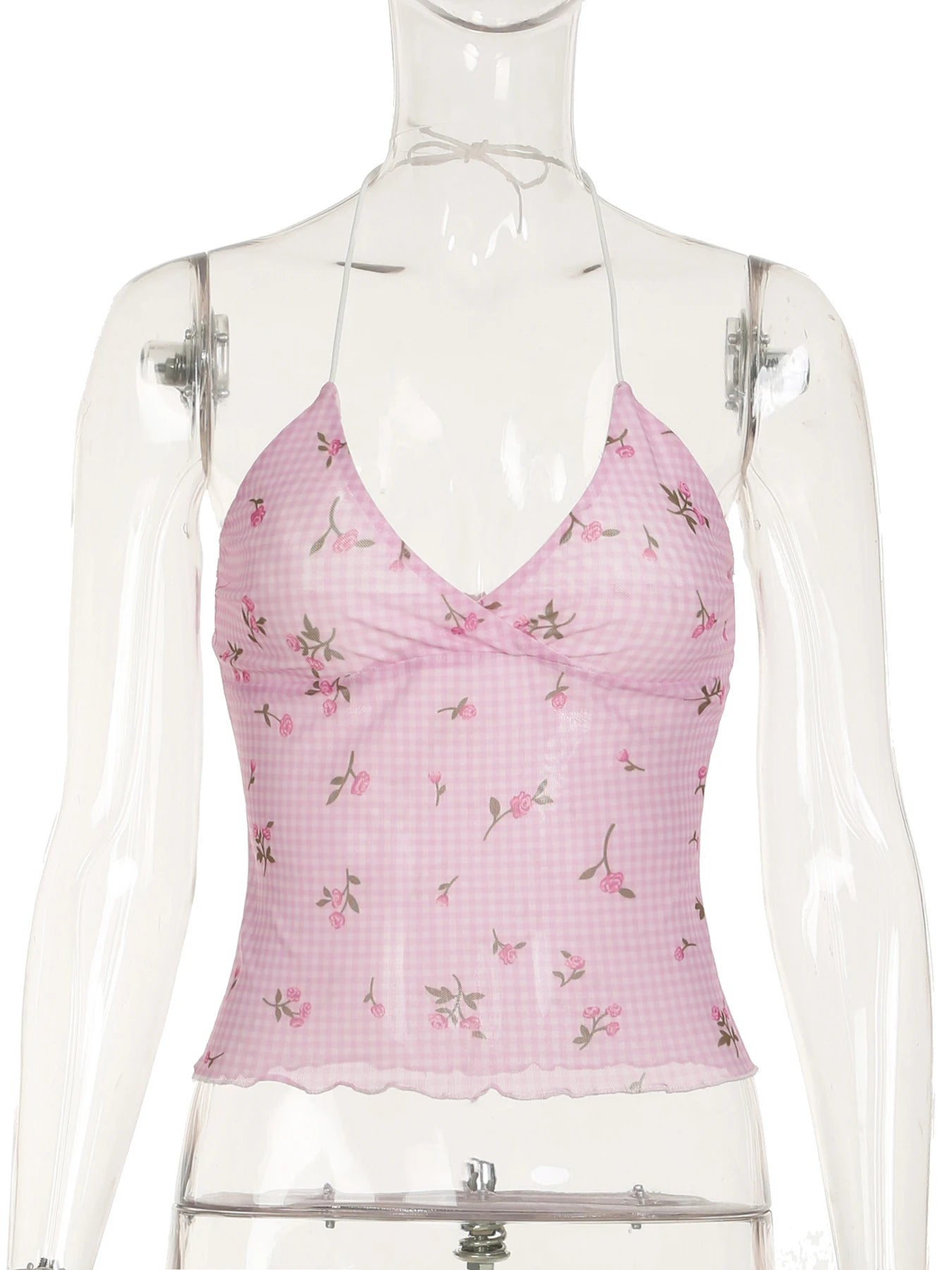 fashionSexy Plaid Floral Print Halter Neck Backless Sleeveless Bow Hottie Slim Sweet Camisole Streetwear Y2k Crop Top