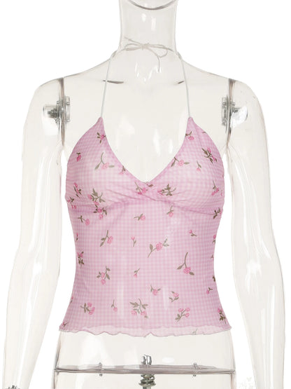 fashionSexy Plaid Floral Print Halter Neck Backless Sleeveless Bow Hottie Slim Sweet Camisole Streetwear Y2k Crop Top