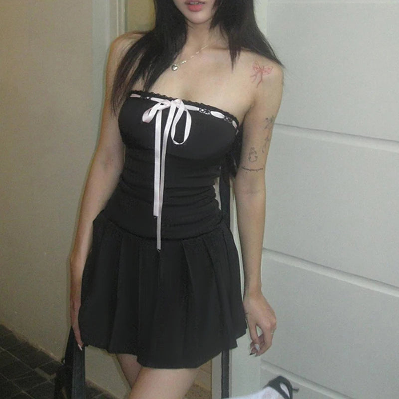 fashion Cute Patchwork Mini Dresses for Women Off Shoulder Chic A-line Party Dress Fashion Lace-up Black Summer Clothes