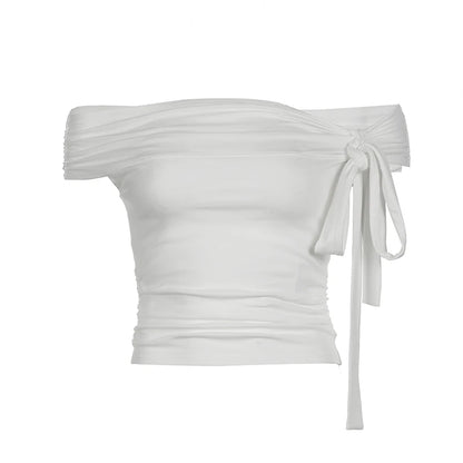 fashionIrregular Knotting Slash Neck Solid Tops Casual Slim Chic Fashion Women's Clothing Streetwear Elastic Outfits