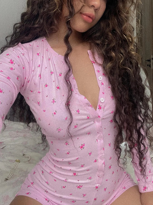 fashion Floral Print Chic Rompers for Women Aesthetic Crewneck 2000s Long Sleeves Jumpsuits Sweet Korean Harajuku Cloth