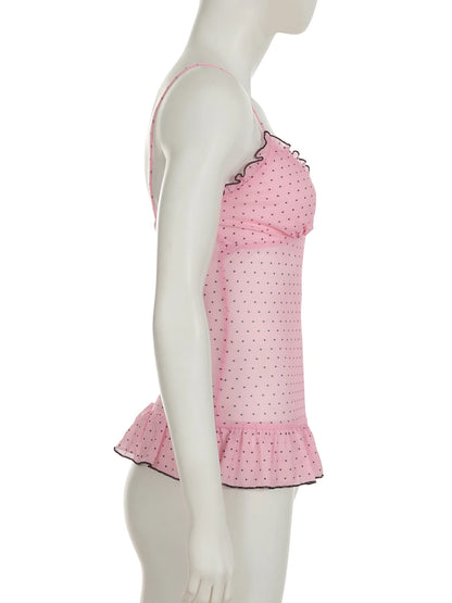 fashion Polka Dot Bow V-neck Backeless Camisole Sexy Slim Chic Vintage Sleeveless Tops Bodycon Sweet Streetwear Bustiers