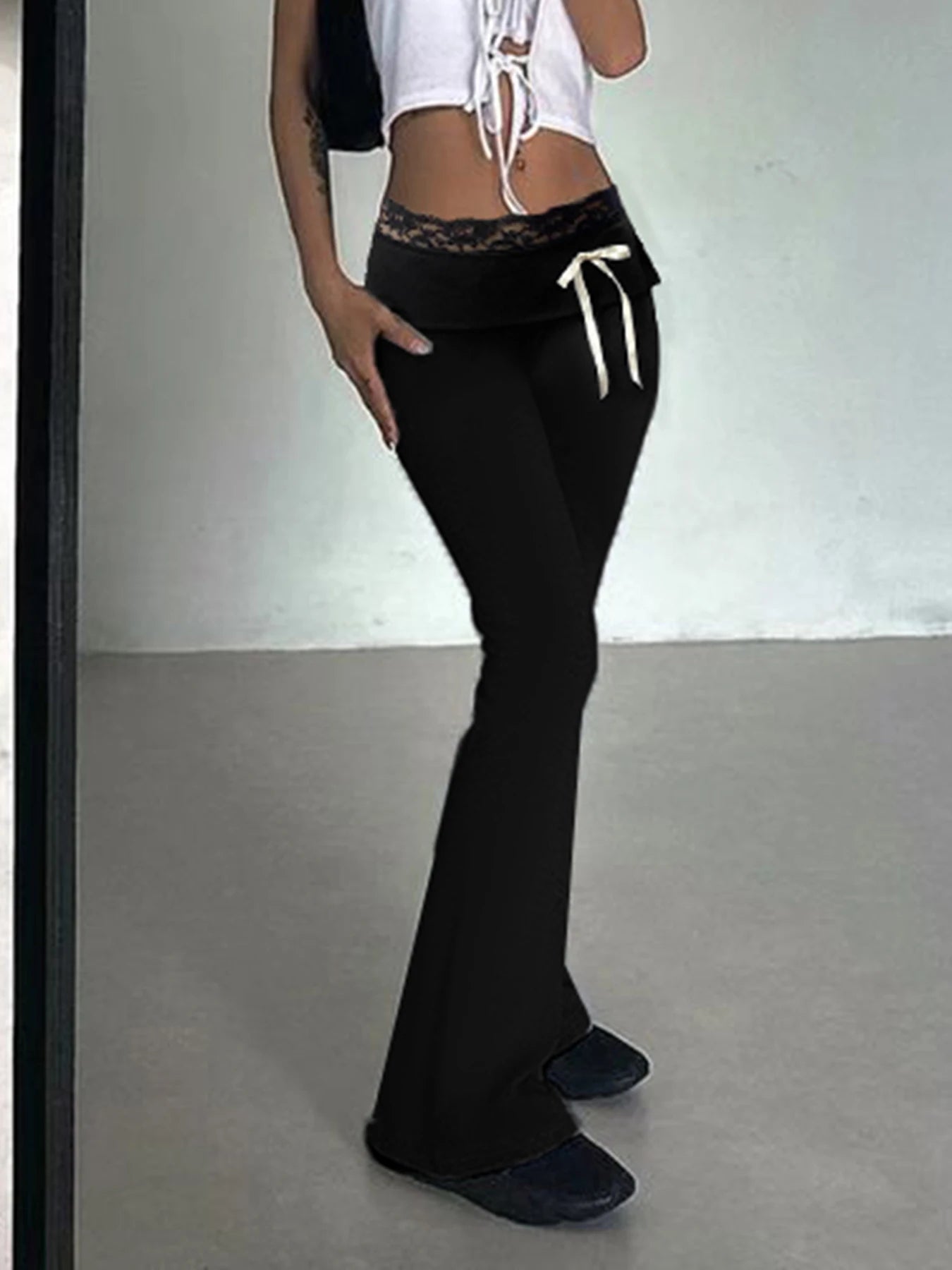 fashionLace Patchwork Bow Straight Pants Y2K Fashion Aesthetic Cute Trousers Harajuku Streetwear Joggers 2000s Bottoms