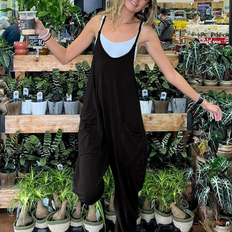 fashion Solid Streetwear Black Loose Jumpsuits Casual Sleeveless Fashion Pockets Overalls Chic Basic Leisure   Rompers