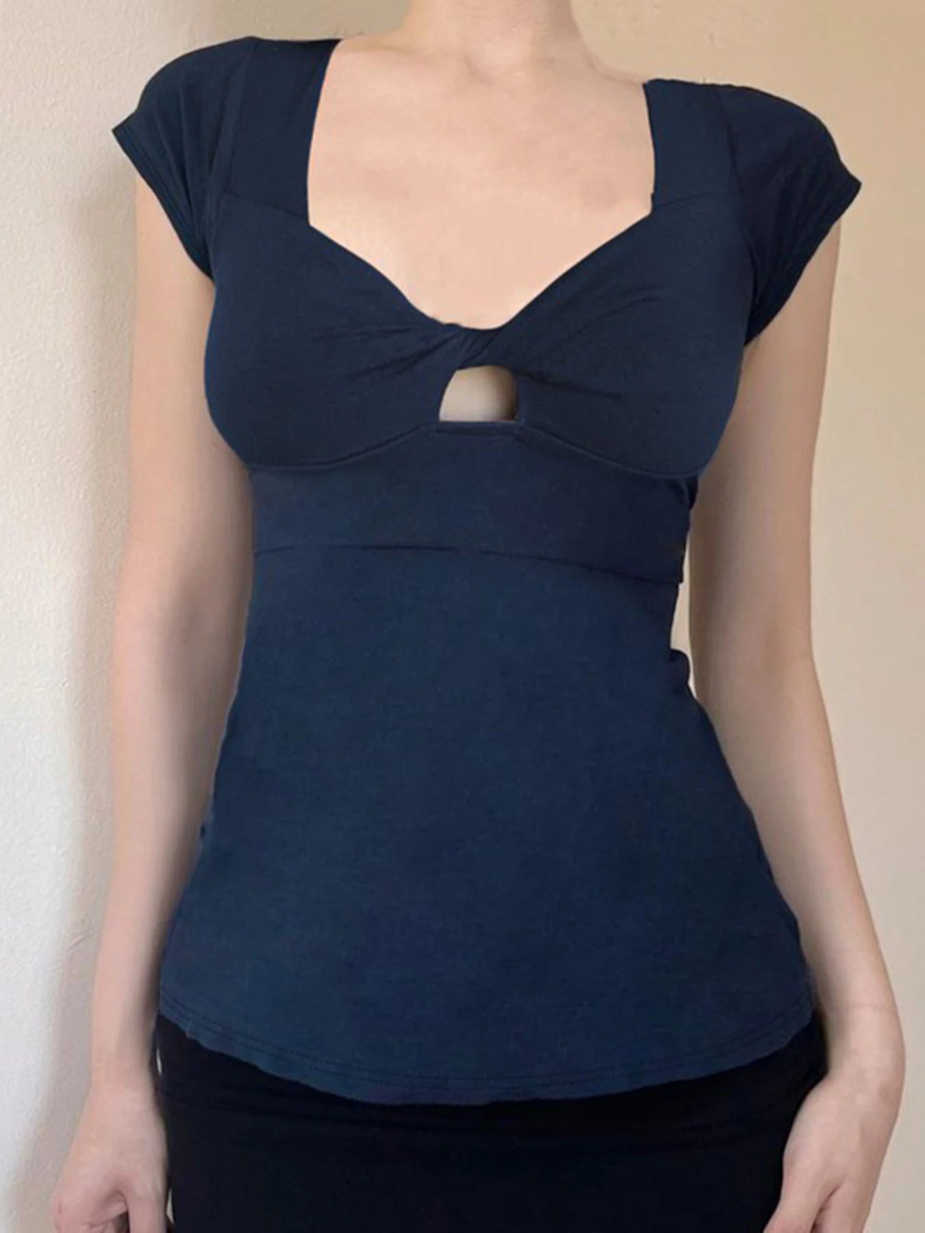 fashionTwist Square Collar Solid T-shirt Basic Vintage Hollow Out Streetwear Casual Fashion Tee Elastic Elegant Top