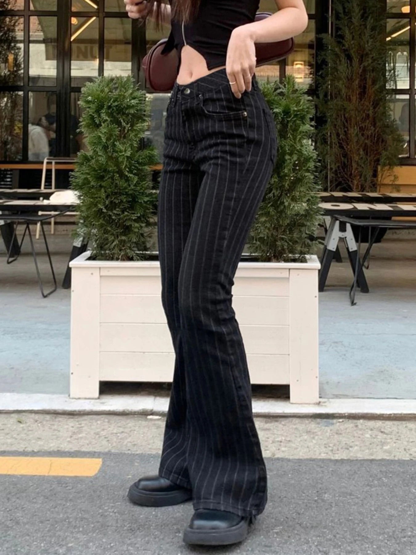 fashionStripe Slim Vintage Chic Jeans Zipper Pockets Fashion Low Waisted Button 90s Pants Streetwear All-match For Women