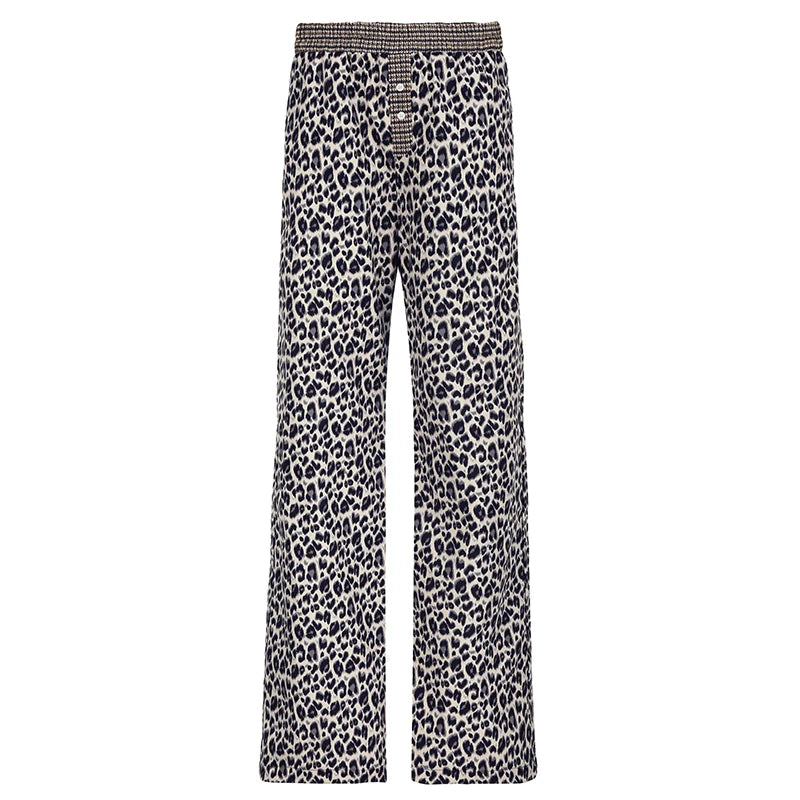 fashion Leopard Print Patchwork Straight Pants Elastic Waist Fashion Harajuku Trousers Aesthetic 2000s Casual Baggy Bottom
