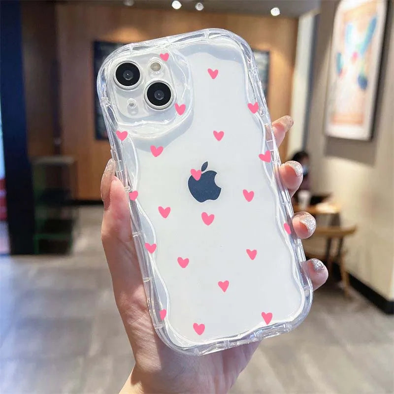 Flower Love Heart Cherry Phone Case For IPhone 16 15 Pro Max 14 11 13 12 Mini XR 8 7 Plus X XS SE 2020 2022 Soft Wavy Edge Cover