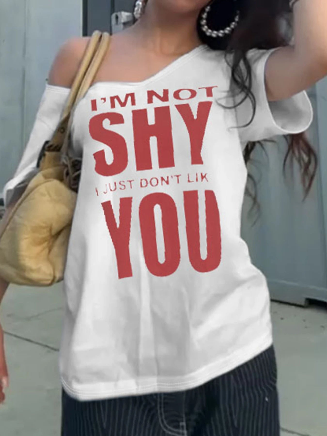 fashionLetter Print American Style Sexy Tops Off Shoulder Loose Fashion Casual Clothings Baggy Basic All-match Outfits