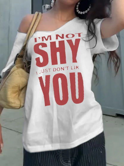 fashionLetter Print American Style Sexy Tops Off Shoulder Loose Fashion Casual Clothings Baggy Basic All-match Outfits