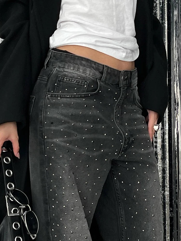 fashion Vintage Rhinestone Loose Jeans Fashion Low Waisted Pockets Zipper Pants Harajuku Chic Streetwear Bottoms for Women