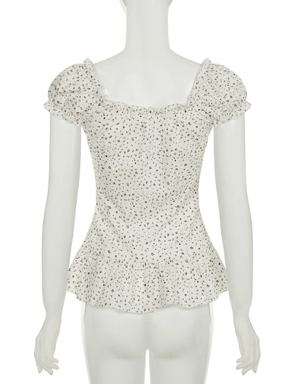 fashionFloral Print French Lace-up Fold Shirt Sexy Slim Classic Fashion Streetwear All-match Top Button Chic 90s Clothes