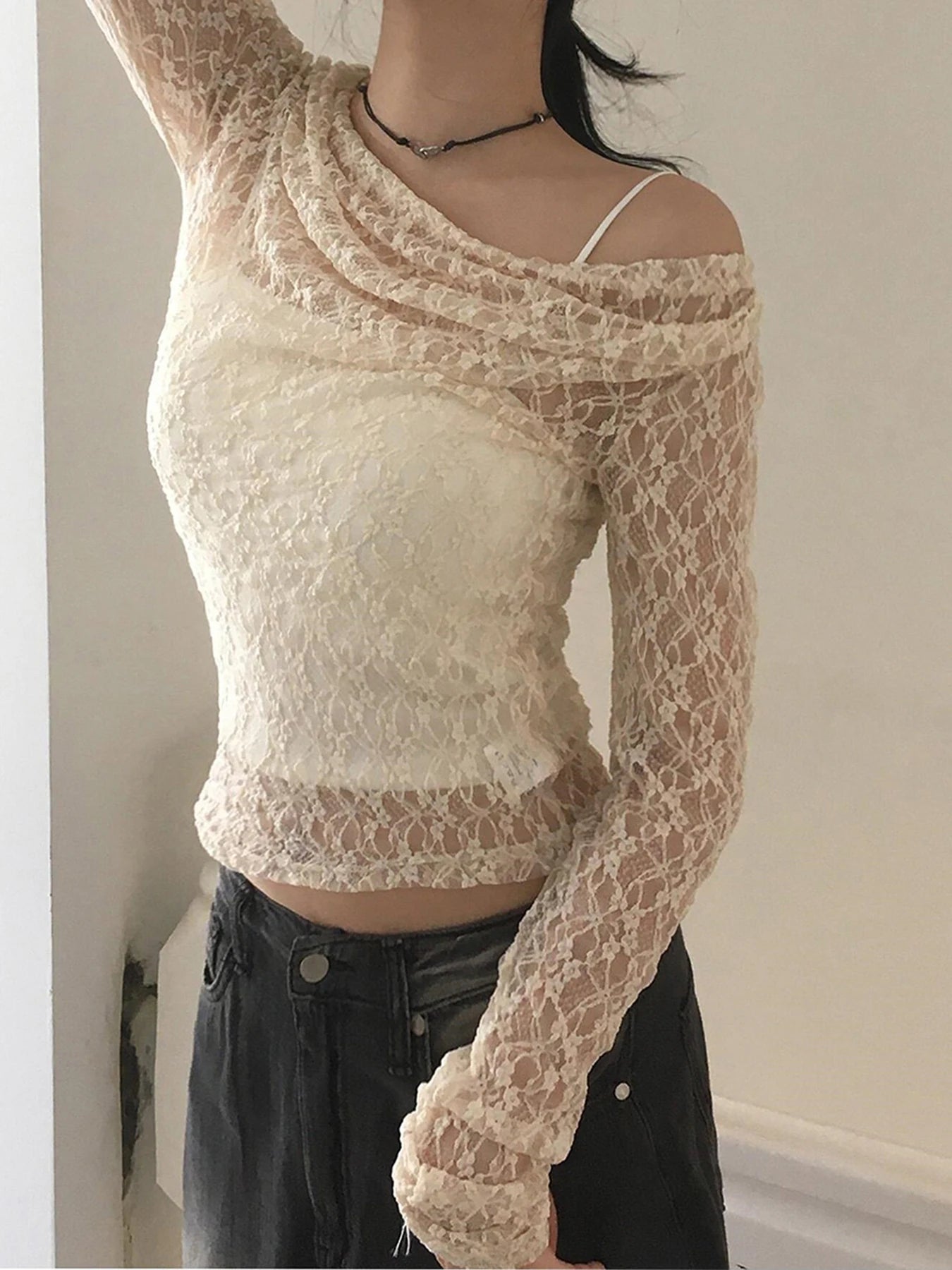 fashionSexy Lace Skew Collar Fashion Smock T-shirts Chic Vintage Retro 90s Hottie Elegant Tees Slim Streetwear Basic Tops