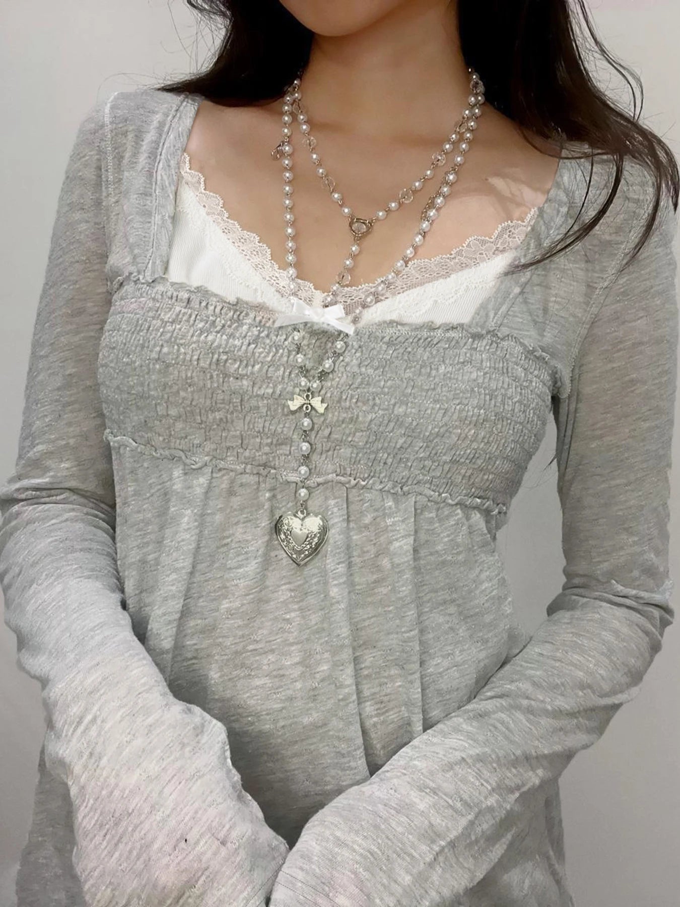 fashion Lace Patchwork Square Collar Sweet T-Shirts Y2K Aesthetic Fashion Long Sleeved Tops Vintage Harajuku Women Outfits