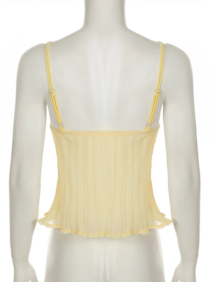 fashion Fold Solid Sexy Backless Camisole Bow Lace Patchwork Summer Chic Vest Slim 90s Hottie High Street Crop V-neck Top