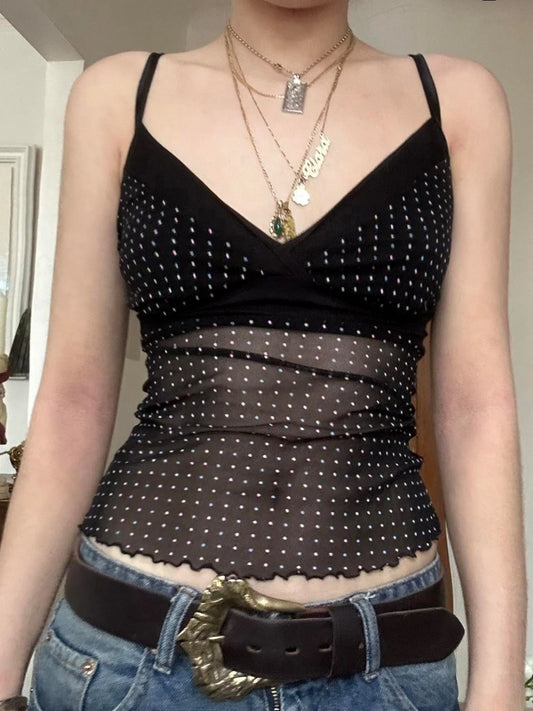 fashion Sexy Dot Print Crop Bustiers V-neck Transparent Patchwork Sleeveless Camisole Backless Summer Cute   Outfits